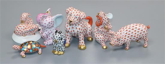 Seven Royal Crown Derby figurines - a turtle, a rat, a pig, a dog, an elephant, rabbits